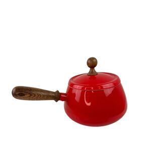 Vintage Styson Bright Red Enamel Fondue Pot Aluminum Wooden Single Handle Lid
